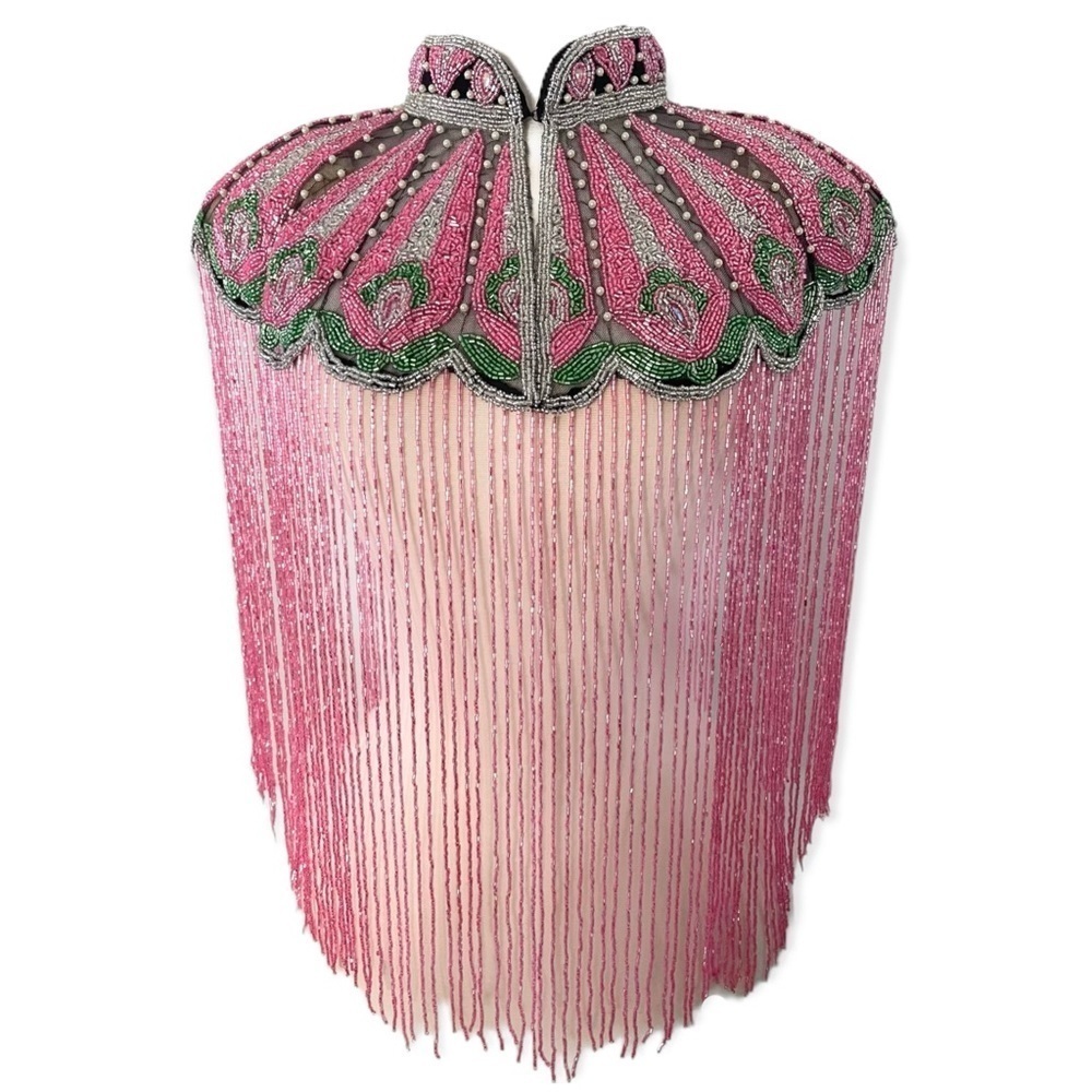 Pink Green and Pearls Hand beaded fringe Cape - Picture 3 of 7